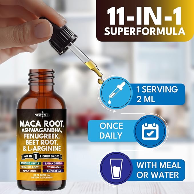 Organic Maca Root Liquid Drops with Ashwagandha, Nettle, Fenugreek, Beet Root and L-Arginine Liquid Multivitamin for Women and Men - 8oz
