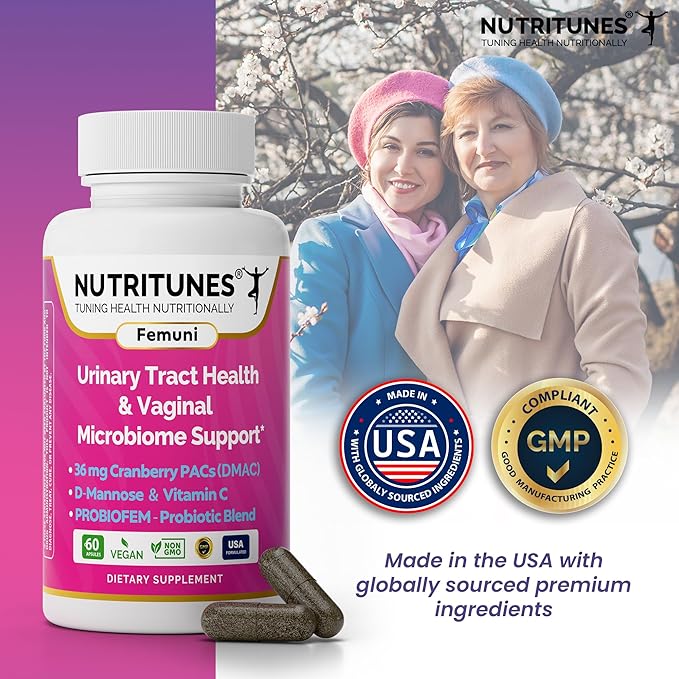 Femuni UTH Urinary Tract Health Supplement for Women – 36mg Cranberry PACs, D-Mannose, Probiotics & Vitamin C – Supports Urinary & Vaginal Health, pH Balance & Immune Support – 60 Capsules