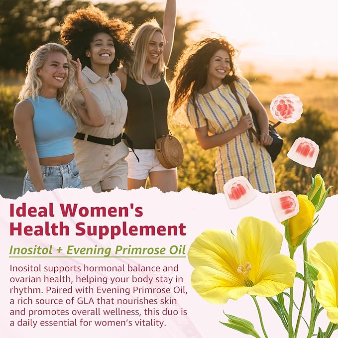 Inositol Gummies with Evening Primrose Oil for Women - 40:1 Ratio Myo-Inositol 2000mg & D-Chiro Inositol 50mg with Vit D3 B6 B12 & Zinc, Sugar-Free for Female Natural Balance & Wellness, Vegan (60ct)