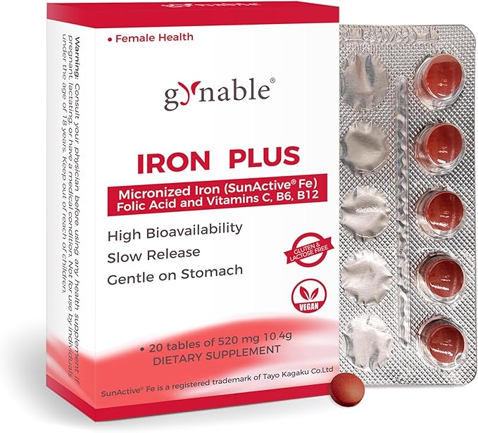 Gentle Iron Supplement for Women Anemia: Slow Release Iron Pills Clinically Shown to Support Iron for Prenatal Pregnant Patented SunActive Tech, with Folic Acid, B12, Vitamin C & B6, 18 mg, 20 Tablets