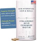 GLOW Anti Aging Supplement - Hyabest® Hyaluronic Acid, Phytoceramides, 5000 mcg Biotin, Vitamin A, C, E, Zinc - Hair Skin Nails Vitamins for Women & Men - Wrinkles & Skin Hydration - 60 Capsules