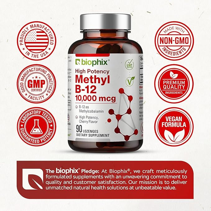 biophix Methyl B-12 10000 mcg 90 Vegan Lozenges Cherry Flavor Extra Strength - Supports Nervous System Immune Health Blood Flow Metabolism Brain Focus Energy