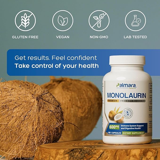 Palmara Health Premium Monolaurin 1,200mg per 2 capusle Serving, 1 Pack (100 Capsules)