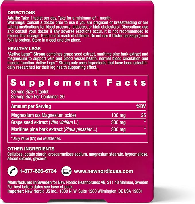 NEW NORDIC Active Legs Strong, Grape Seed, Maritime Pine Bark, Magnesium, Non-GMO and Gluten Free, 30 Count (Pack of 1)