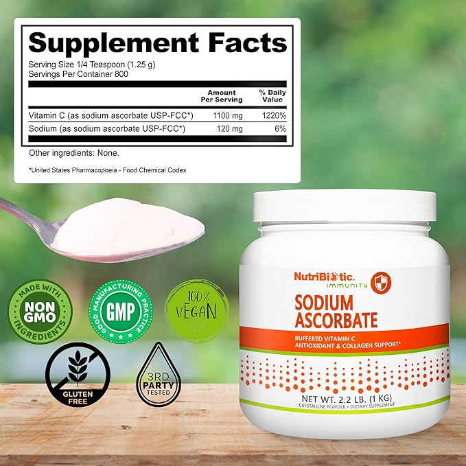 NutriBiotic - Sodium Ascorbate Buffered Vitamin C Powder, 2.2 Lb | Vegan, Non-Acidic & Easier on Digestion Than Ascorbic Acid | Essential Immune Support & Antioxidant Supplement | Gluten & GMO Free