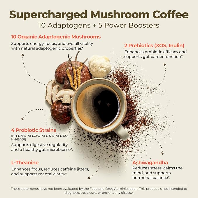 10 Kinds Mushroom Coffee with Probiotic(Lion's Mane, Cordyceps, Turkey Tail & Other), Ashwagandha Instant Coffee Mushroom Supplement for Better Energy, Gut Health 210g 7.41oz