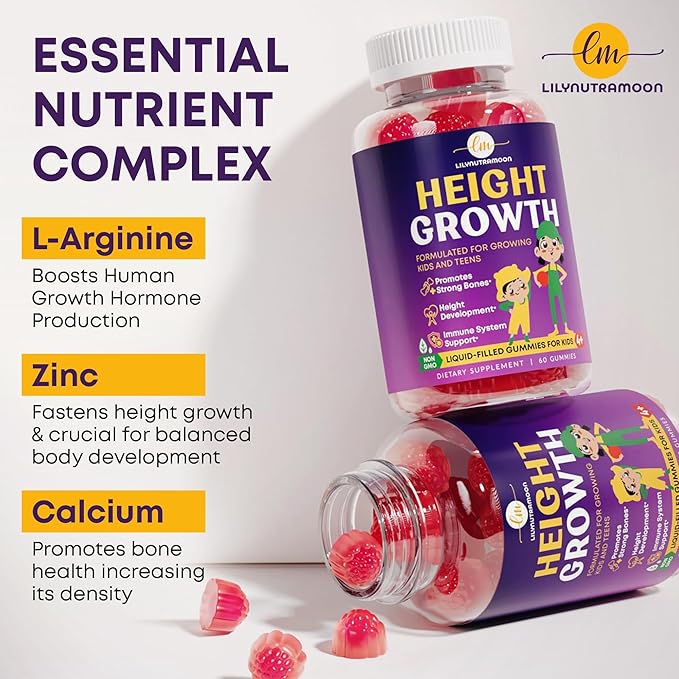 Height Growth Gummies for Kids & Teens - Calcium, Vitamin D3 + K2, Zinc, Magnesium, L-Arginine, Vitamin C - Multivitamin for Teen Boys & Girls - Grow Taller Supplement for Kids Height - 60 Gummies