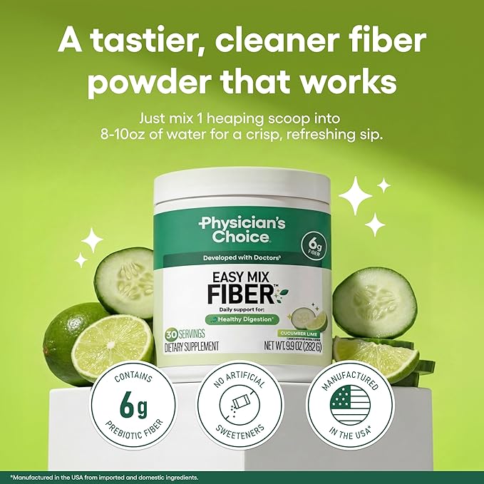 Physician's CHOICE Easy Mix Fiber for Digestive Health & Regularity - No Grit - Daily Prebiotic Soluble Fiber Powder Supplement for Women and Men - Cucumber Lime - 30 Servings