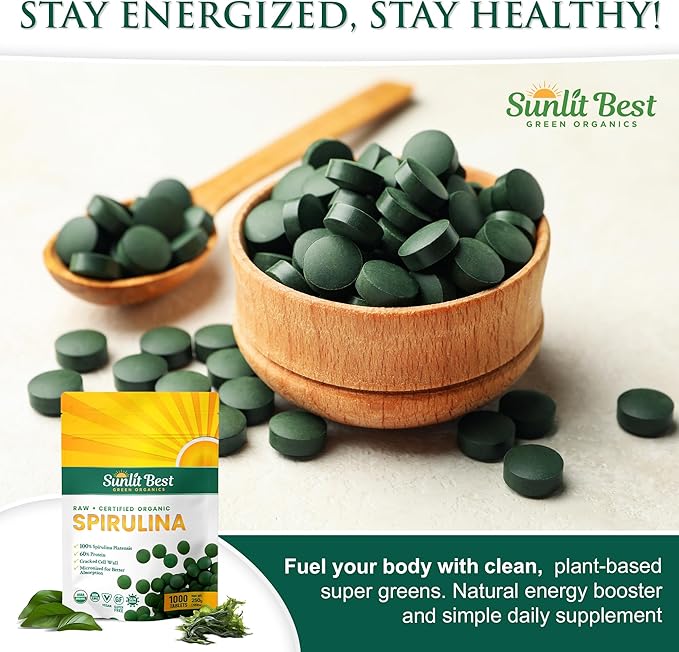 Sunlit Best Spirulina Tablets - Organic Spirulina Tablets USDA Premium 1000 Count - Natural Spirulinas Organic Burst for Immune Support Antioxidants, Energy Boost w/Chlorophyll - High Protein, Non GMO