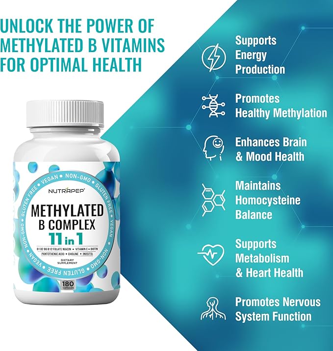 NutraPep Methylated B-Complex Vitamins - Complete Methyl B Complex Multivitamin with Bioactive B9 5-MTHF B6 B12 - MTHFR Support Supplement for Brain Heart Energy (Pack of 2)