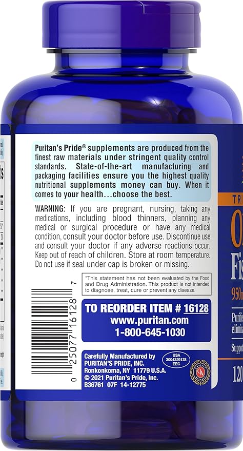 Puritan's Pride Omega-3 Fish Oil 1360 mg Softgels, 120 Count