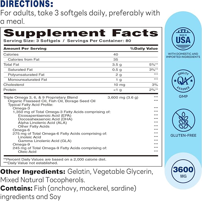 Vitamin World Triple Omega 3-6-9 3600mg with Fish, Flaxseed & Borage Seed Oils, Omega-3 Fatty Acids with EPA & DHA, Supports Heart, Brain & Immune Health, Gluten Free, 240 Softgels