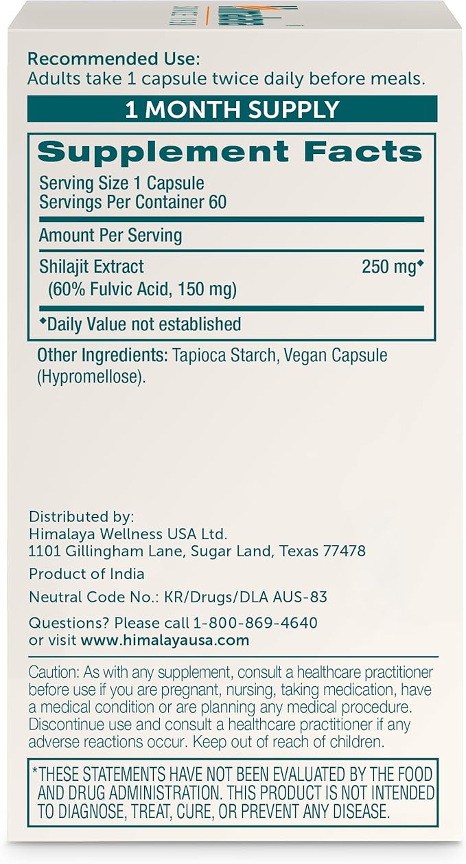 Himalaya Shilajit - Herbal Energy Supplements with Fulvic Acid and 85+ Trace Minerals, from Shilajit Resin, Vegan, Non-GMO, Gluten Free, 250 mg, 60 Capsules