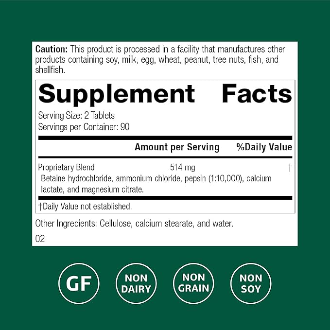 Standard Process Betaine Hydrochloride - Supplement for Gastrointestinal pH Support - Supports Digestive Health & Iron Absorption - Gluten-Free, Non-Dairy & Non-Soy - 180 Tablets (90 Servings)
