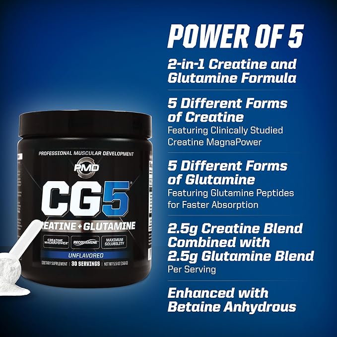 PMD Sports CG5 Premium Creatine & L Glutamine Powder, Power Recovery, Build Lean Muscle, Increase Workout Performance, Maximum Strength Pre Workout & Post Workout, Unflavored, 30 Servings