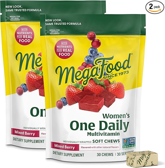 MegaFood Multivitamin for Women, One Daily Multivitamins, Soft Chews with Folate, Methylated B12, Vitamin B6, Biotin, Vitamin D3, C & A - Mixed Berry Flavor - Vegetarian, Non-GMO - 30 Chews, 2 Pack