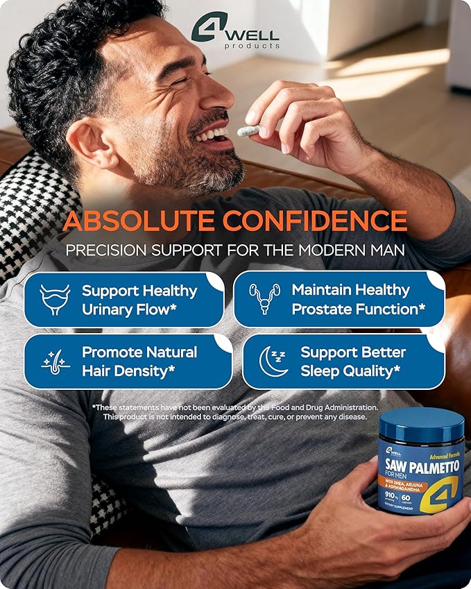 4Well Products Saw Palmetto for Men & Prostate Health Supplements with Arjuna Extract - Advanced Formula Saw Palmetto & Arjuna Bark Extract w/DHEA & Ashwagandha 900mg - DHT Blocker for Hair Support
