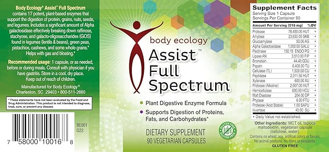 Body Ecology Assist Full Spectrum Enzymes | Plant Digestive Enzyme Supplement | Healthy Digestion and Absorbs Nutrients | 90 Vegetarian Count