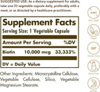 Solgar Biotin 10000 mcg Vegetable Capsules Energy Metabolism Promotes Healthy Skin Nails Hair Super High Potency NonGMO Vegan Gluten Free Dairy Free Kosher Servings, Standard Packaging, Unflavored, 120 Count