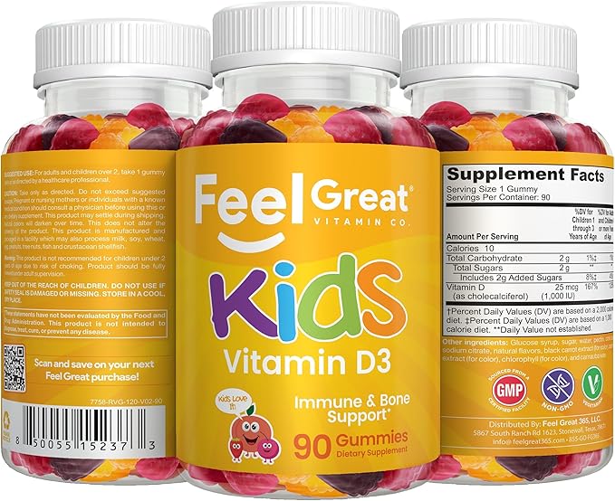 Feel Great Kids Vitamin D3 1000 IU | Kids Vitamin D Gummies for Healthy Bones, Mood, & Immune Support | Citrus Flavored Vegetarian D3 Gummies | 90 Day Supply