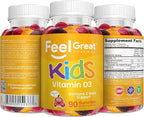 Feel Great Kids Vitamin D3 1000 IU | Kids Vitamin D Gummies for Healthy Bones, Mood, & Immune Support | Citrus Flavored Vegetarian D3 Gummies | 90 Day Supply