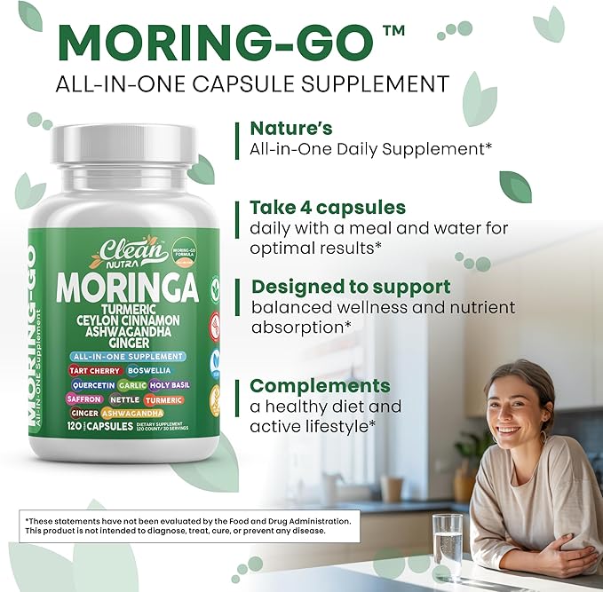 Moringa Powder Capsules + Turmeric Moringa Leaf Ceylon Cinnamon Ashwagandha Ginger Tart Cherry Boswellia Quercetin Garlic Holy Basil Saffron Nettle Black Pepper Moring-Go Supplement By Clean Nutra (2)
