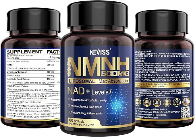2Pack NAD+ Supplement, Next-Gen NMNH Liposomal 500mg, NR NMN Supplement Alternative, High Absorption NAD+ with Curcumin, Niacinamide for Cellular Energy, DNA Repair, Healthy Aging, 120 Softgels