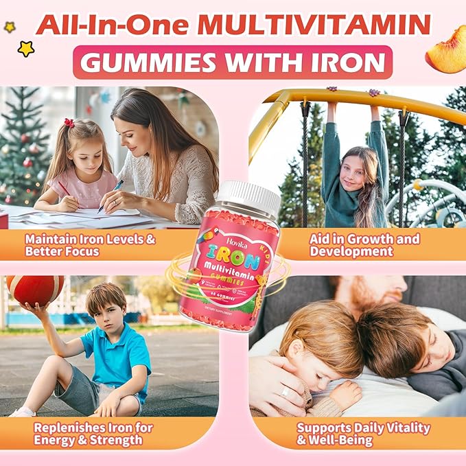 Iron Supplement Gummies for Kids with Multivitamin, Calcium, Zinc, Folate - Kids Iron Gummies Support Immune, Blood Builder, Iron Deficiency, Anemia & Energy - Vegan, Peach 60 Count