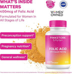 Pink Stork Folic Acid Supplement for Women – 400mcg, Daily Vitamin B9 for Prenatal & Fertility Support, Supports Red Blood Cell Formation & Energy – 30 Vegetarian Capsules