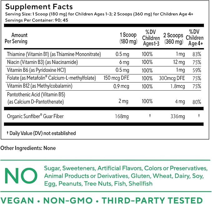 Tasteless B Complex Powder for Kids- B1, B3, B5, B6, Methylfolate and Methyl B12. No Sweeteners, Flavors, Colors or Preservatives. Add to Beverages or Food.
