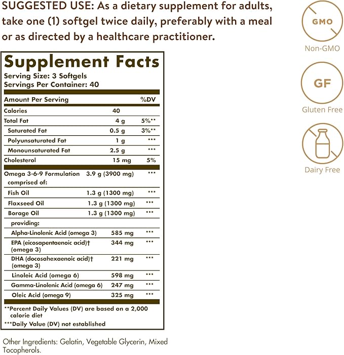 Solgar 1300 mg Omega 3-6-9, 120 Softgels - Fish Oil Supplement - Support for Joint & Skin Health - Includes Flaxseed & Borage - Contains EPA & DHA Omega 3 Fatty Acids - 40 Servings