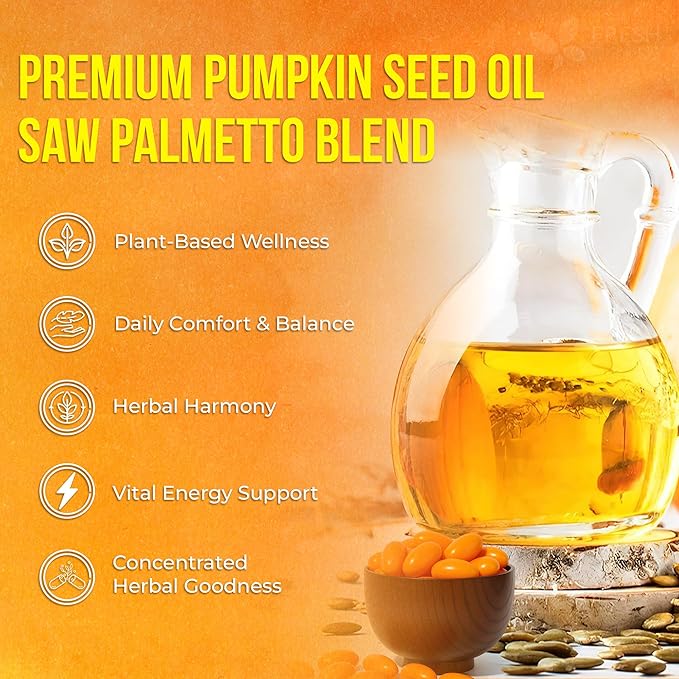 FreshDrinkUS, 330 Premium Pumpkin Seed Oil Softgels with Saw Palmetto, 3000mg Per Serving, Cold Pressed, Pure Virgin Oil, Great Hair Support, Non-GMO, Gluten-Free.