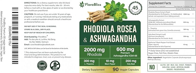 FloraBliss Rhodiola Rosea with Ashwagandha KSM-66, L-Theanine, Holy Basil & Black Pepper - 90 High Potency Vegan Capsules - 45-Day Supply - No Artificial Additives