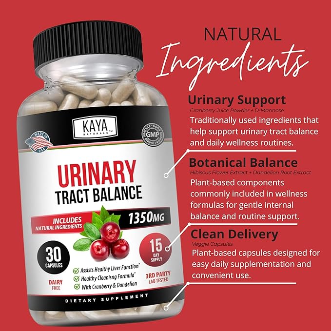 Kaya Naturals - D-Mannose - Urinary Tract UT Cleanse & Bladder Health - Made with Cranberry, Hibiscus & Dandelion Root - D Mannose Capsules Cranberry Supplement - 30 Veggie Capsules