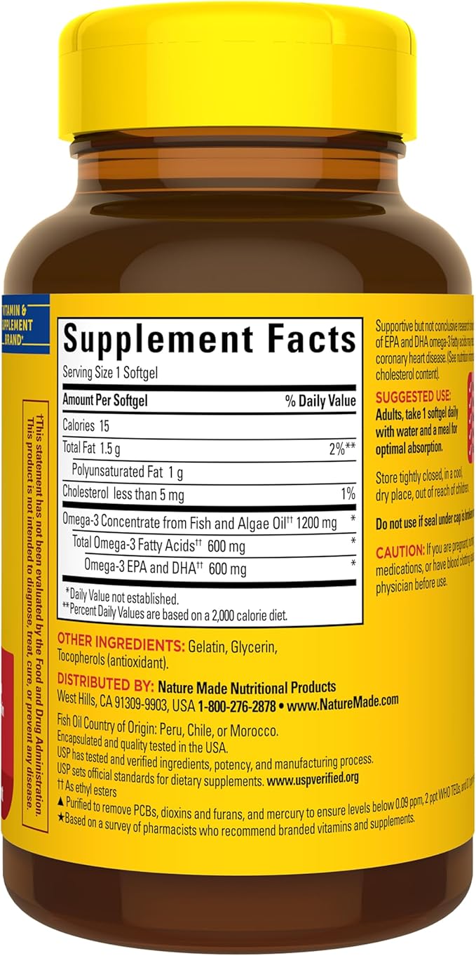 Nature Made Omega 3 Fish Oil and Algae Oil Supplements, 1200mg, Algae Oil & Fish Oil Blend, Omega 3 Supplement for Heart, Brain and Eyes Support, One Per Day, 60 Softgels