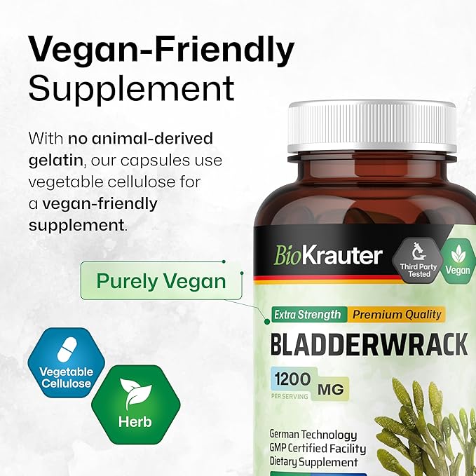 BIO KRAUTER® Bladderwrack for Thyroid Support - Vegan Iodine Supplement 1200 mg per Serving - Bladderwrack 100 Capsules, 50 Days of Supply, Non-GMO - Natural Seaweed Supplement