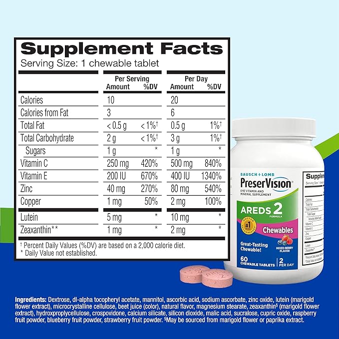 PreserVision AREDS 2 Eye Vitamins, #1 Eye Doctor Recommended Brand, Chewable Lutein and Zeaxanthin Supplement with Vitamin C, Vitamin E,Zinc, and Copper, Mixed Berry, 60 Tablets