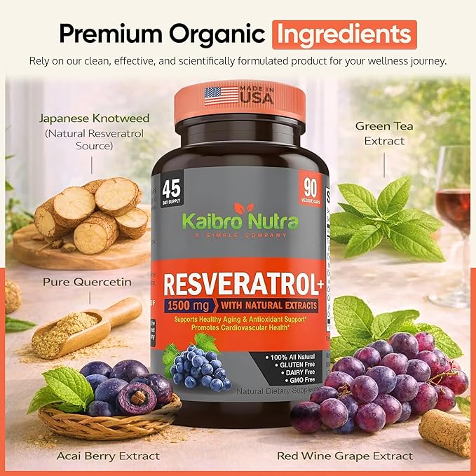 Kaibro Nutra Resveratrol Supplement, 1500mg Extra Strength Trans Resveratrol, Quercetin with Japanese Knotweed Extracts, Anti-Aging, Radiant Skin and Immunity Support, Vegan & Non-GMO, 90 Capsules