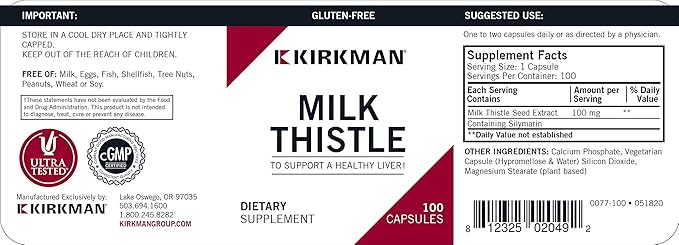 Kirkman Milk Thistle 100 mg - Hypoallergenic | 100 Vegetarian Capsules