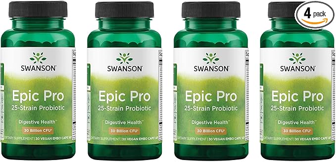 Swanson Epic-Pro 25-Strain Probiotic with Prebiotic FOS for Gut-Health-Conscious Adults Seeking Comprehensive Digestive and Immune Support - 30 Billion CFU (30 Vegan DRcaps, 4 Pack)
