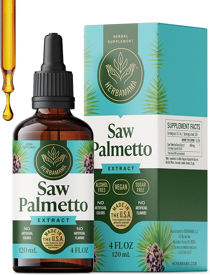 HERBAMAMA Saw Palmetto for Men Tincture - Vegan Men's Urinary Tract Support with Saw Palmetto Extract Drops - Non-GMO, Alcohol & Sugar-Free Serenoa Repens Berries Supplement, 168-Day Supply