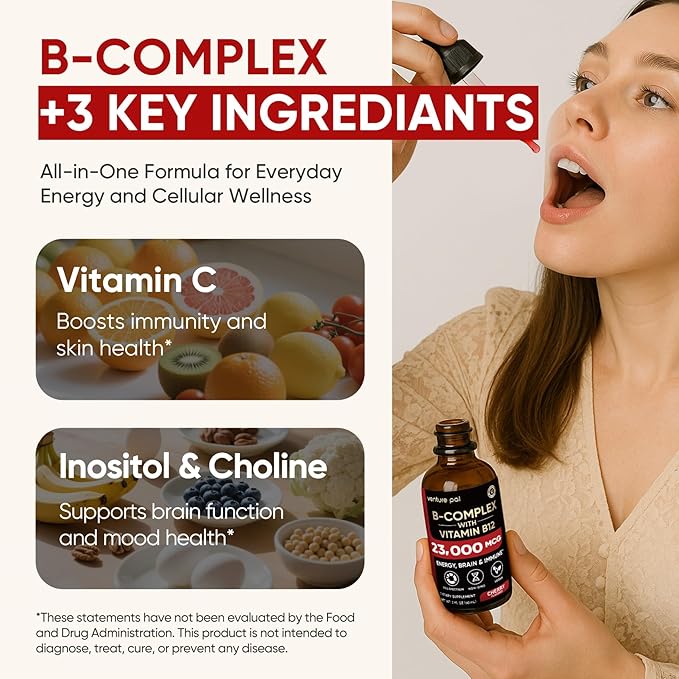 Venture Pal Vitamin B Complex Liquid Drops, B12 Methylcobalamin | B9 Folic | B1,B2,B3,B5,B6,B14 - Vitamin C, Choline, Inositol, Immune & Energy Metabolism, Brain & Heart Support