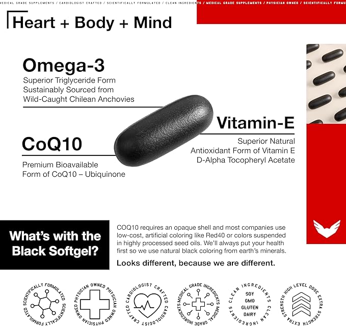 High Level Science CoQ10, Omega-3, Vitamin E - Cardiologist Formulated for Heart + Body + Mind Health with DHA/EPA, Antioxidant for Energy, Superior Bioavailable Fish Oil - Gluten Free (2)