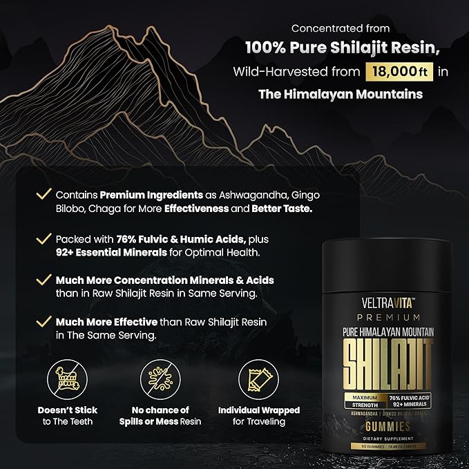 Pure Himalayan Shilajit Gummies with Ginkgo Biloba, Chaga & KSM-66 Ashwagandha | Shilajit for Men & Women | Max Potency | 76%+ Fulvic Acid & 92+ Trace Minerals | Sugar Free