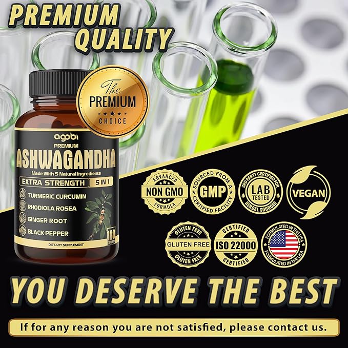 5in1 Premium Ashwagandha Capsules - Added Turmeric, Rhodiola Rosea, Ginger, Black Pepper - 180 Caps for 6 Months