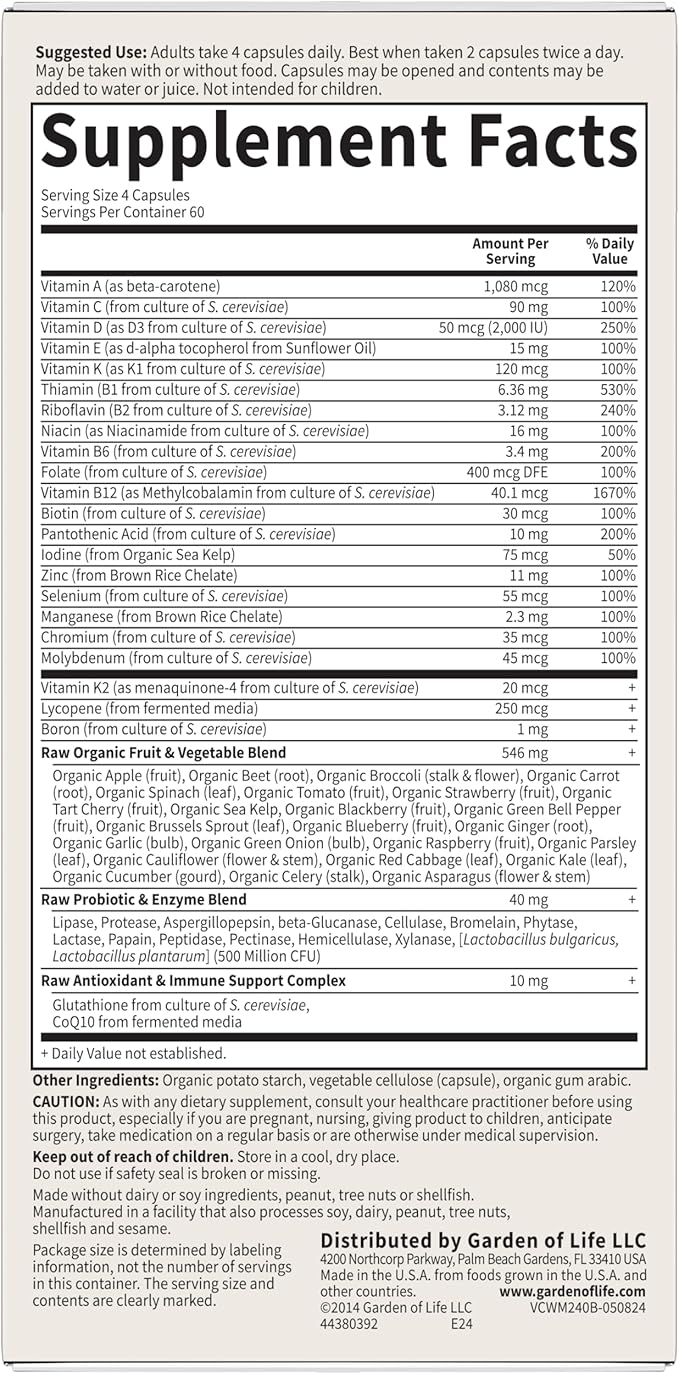 Garden of Life Multivitamin for Men - Vitamin Code 50 & Wiser Men's Raw Whole Food Vitamin Supplement with Probiotics, Vegetarian, 240 Capsules,(Pack of 2)