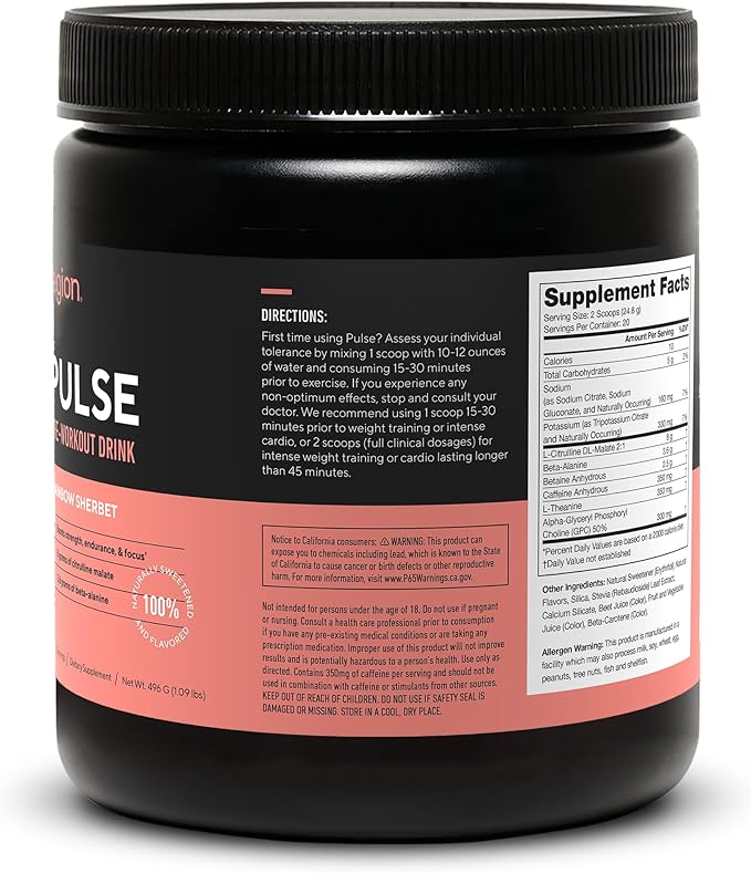 LEGION Pulse Pre Workout - All Natural Nitric Oxide Preworkout Drink to Boost Energy, Creatine Free, Naturally Sweetened, Beta Alanine, Citrulline, Alpha GPC (Rainbow Sherbet)