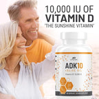 ADK 10 Vitamin Supplement + Olive Oil for Better Absorption - with Vitamins A + D3 (10,000 iu) + K2 (MK7+MK4) - 90 Capsules - Vegetarian - Non-GMO