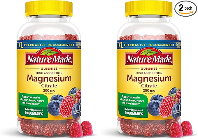 Nature Made High Absorption Magnesium Citrate 200 mg per Serving, Magnesium-Supplement for Muscle, Nerve, Bone and Heart Support, 90 Magnesium Gummies, 45 Day Supply,(Pack of 2)