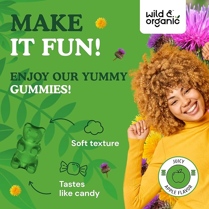 Wild & Organic Liver Support Gummies - Milk Thistle, Dandelion Root Extract for Liver Cleanse Detox - 60 Silymarin Milk Thistle Gummies - Vegan, Non-GMO Herbal Supplement.